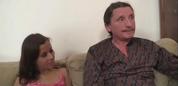  Petite mini-tits girl gets her pussy licked by old dad